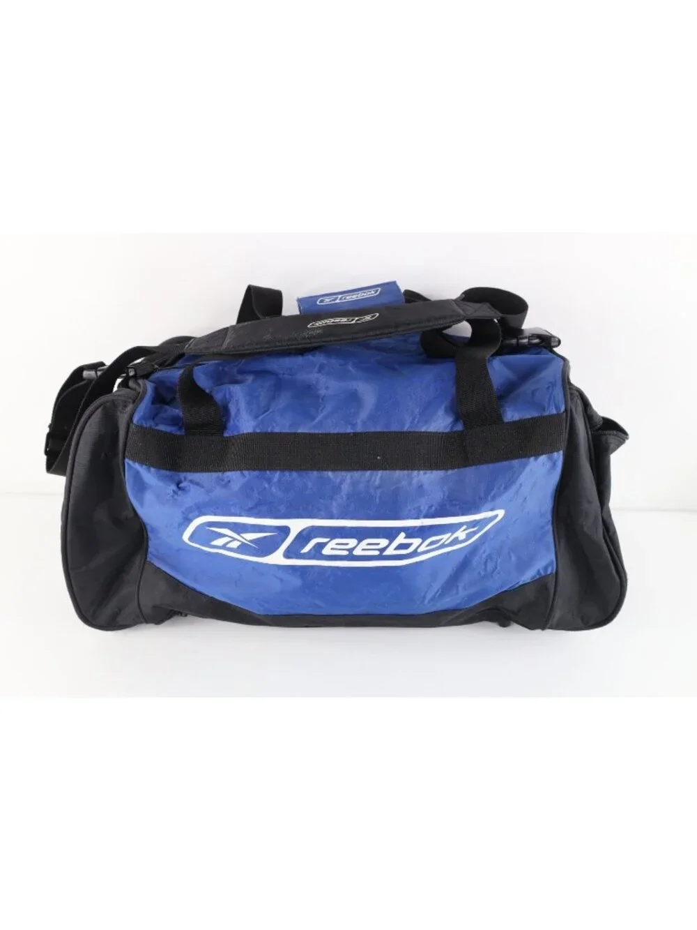 Vintage 90s Reebok Distressed Spell Out Handled Duffel Bag Gym Carry On Blue